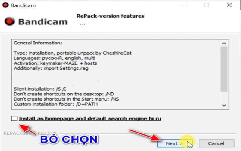 bỏ chọn Install as homepage and default search engine hi.ru